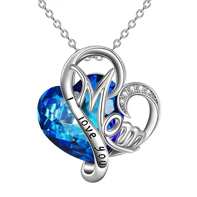 CAOSHI Mom Day Heart Design Blue Crystal Trend Jewelry Necklace With Letter 'I love You' Silver Plated Factory Pendant Neckla