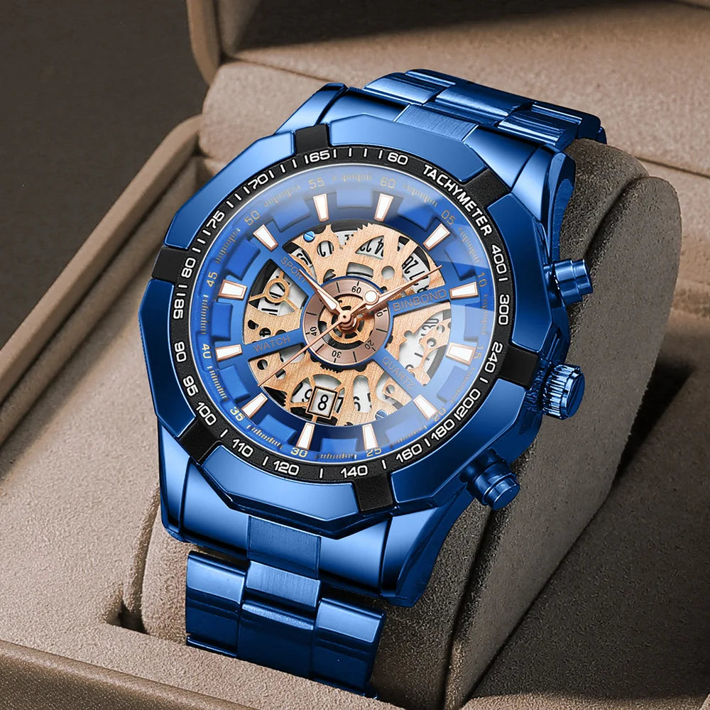 BINBOND Hollowed-out Quartz Waterproof Wristwatch Luxury Business Blue Watches for Men Casual Calendar Clock Relogio Masculin