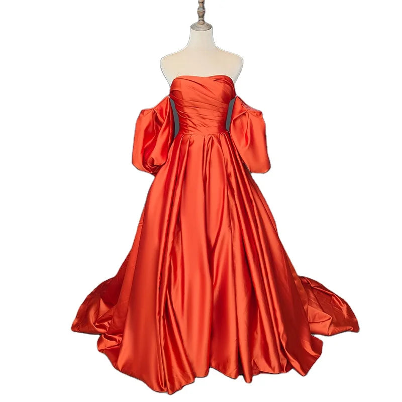 13844# Candy Color Sweep Train Off-Shoulder Boat Neck A-line Wedding Dress Modern Detachable Puff Sleeve Bow Stain Bridal Gow
