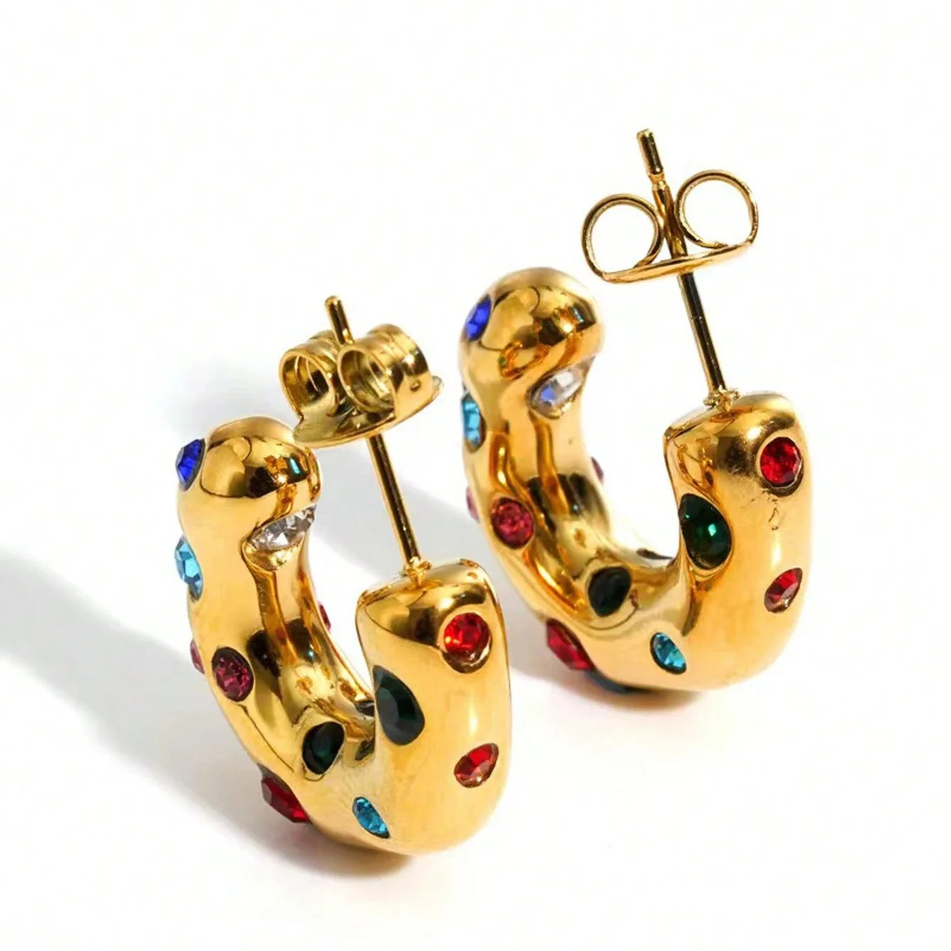 Hot Selling 18K PVD Gold Plated Colorful Zircon Hoop Earrings Fashion Geometric C Shape Stainless Steel Stud Earrings for Wom