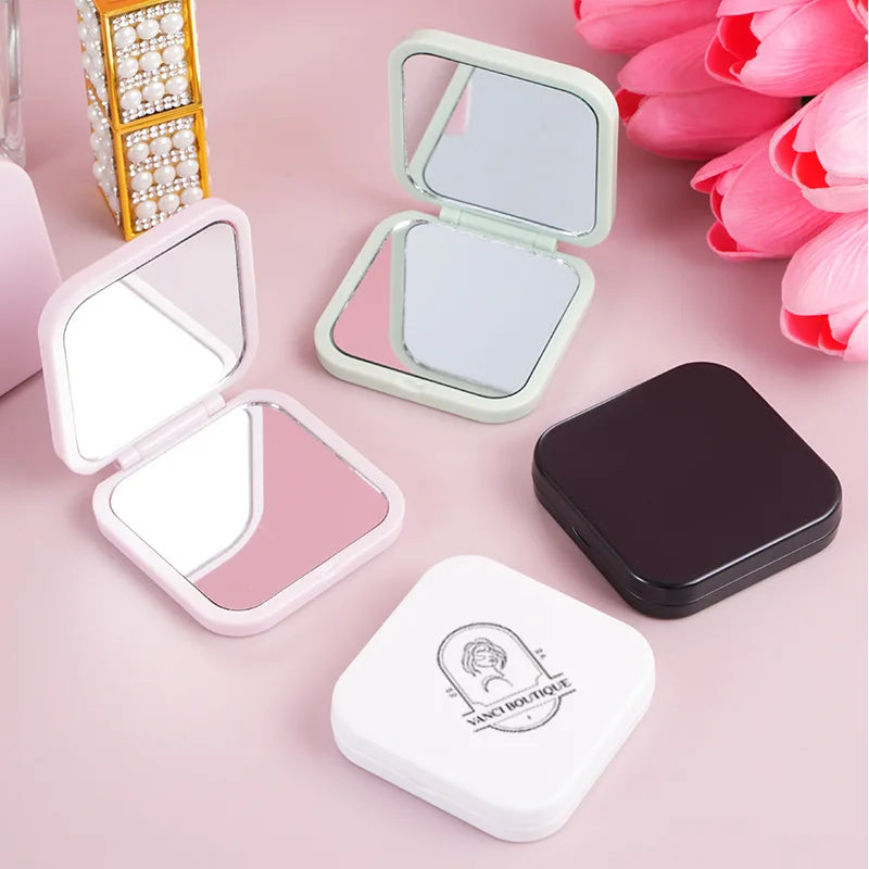 Pocket Square Double-sided Folding Cosmetic Mirror 5x Magnification Silver Finish Plastic Frame Print Option Wholesale