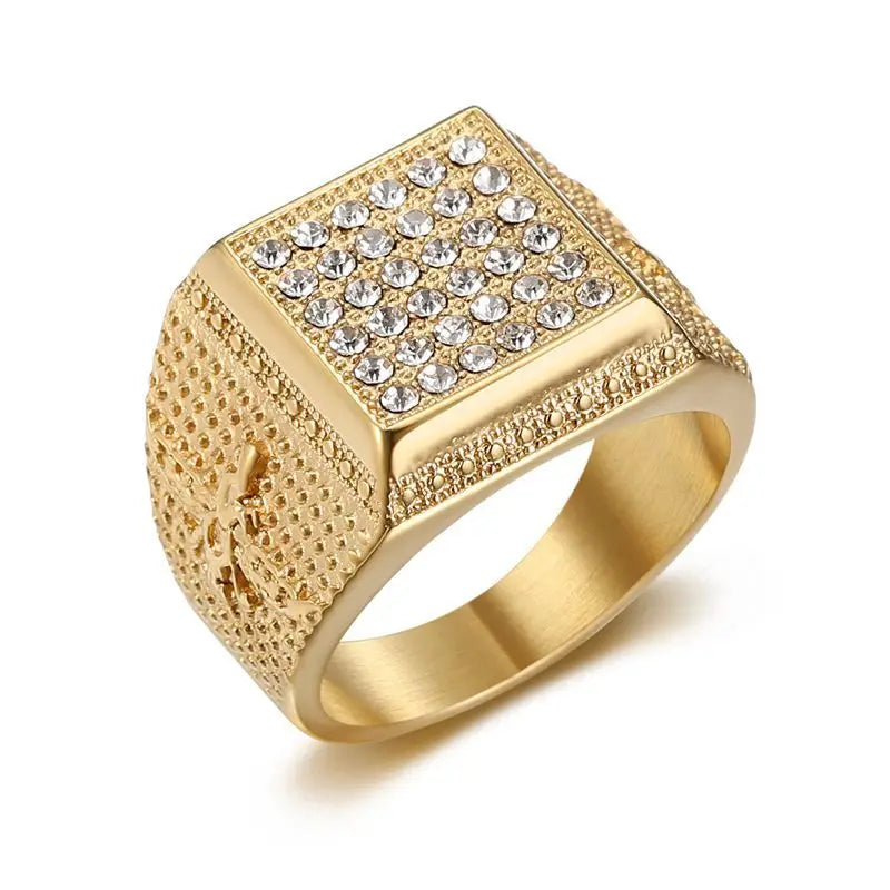 Men's New Fashion Stainless Steel Gemstone Ring with Gold Plated Zircon Classic Inlay Wedding Engagement