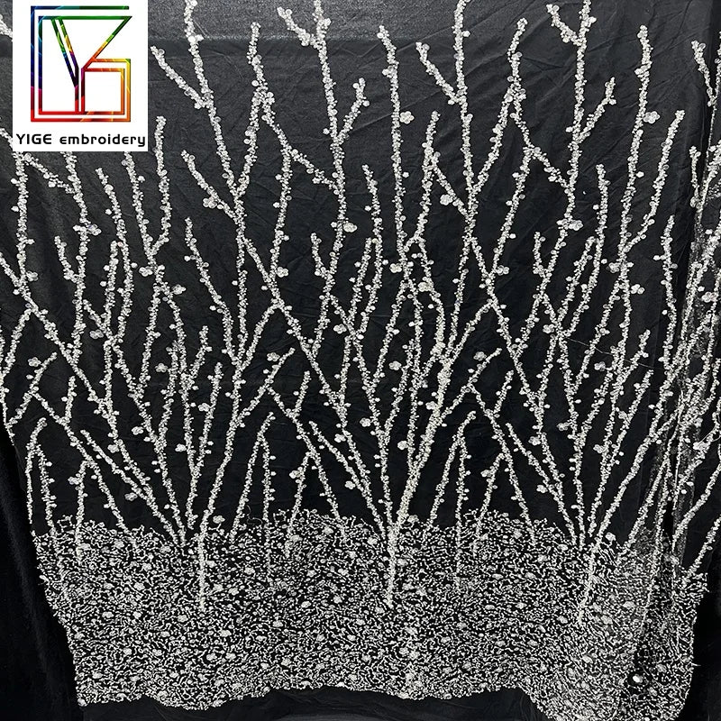 Luxury Wedding Bridal Beaded Net Fabric French Embroidery Tulle Lace With Sequins and Beads for Women Dress Lace Fabric