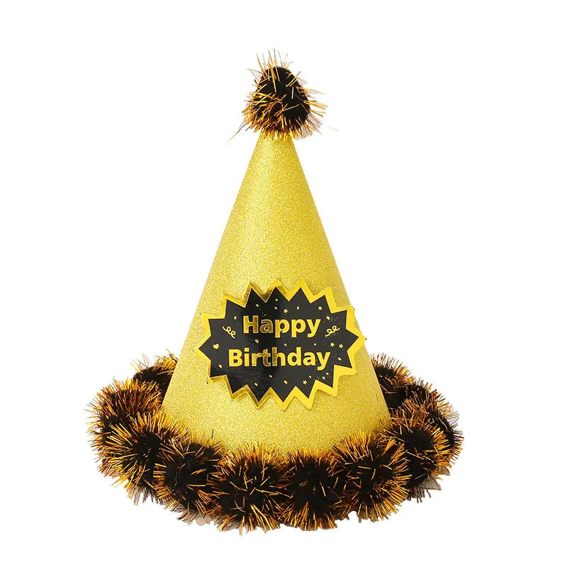 Wholesale Stock Children and Adult's Gold Wire Hairball Hat Party Cake Decoration Birthday Supplies Made of Paper