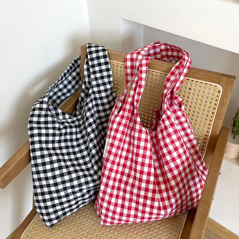 Vintage Plaid Women's Vest Shoulder Bags Large Capacity Female Reusable Shopping Bag Cotton Cloth Schoolgirls Book Tote Handb