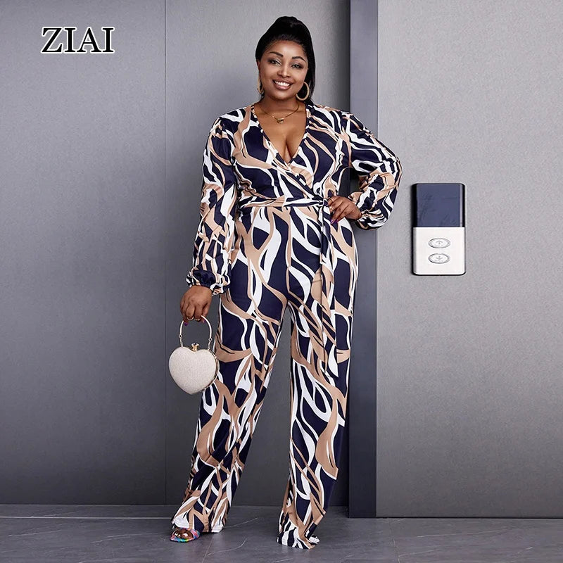 Wholesale Big Size Women's Jumpsuit Printed Wide Leg Long Sleeve Fashion Casual Jumpsuit