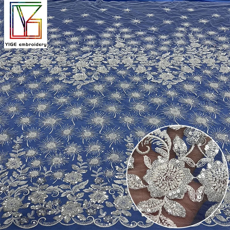 Luxury White Wedding Bridal Beaded Sequins Tulle Lace Fabric Heavy Handmade Embroidery Beads Mesh Lace Fabric for Dresses Wom