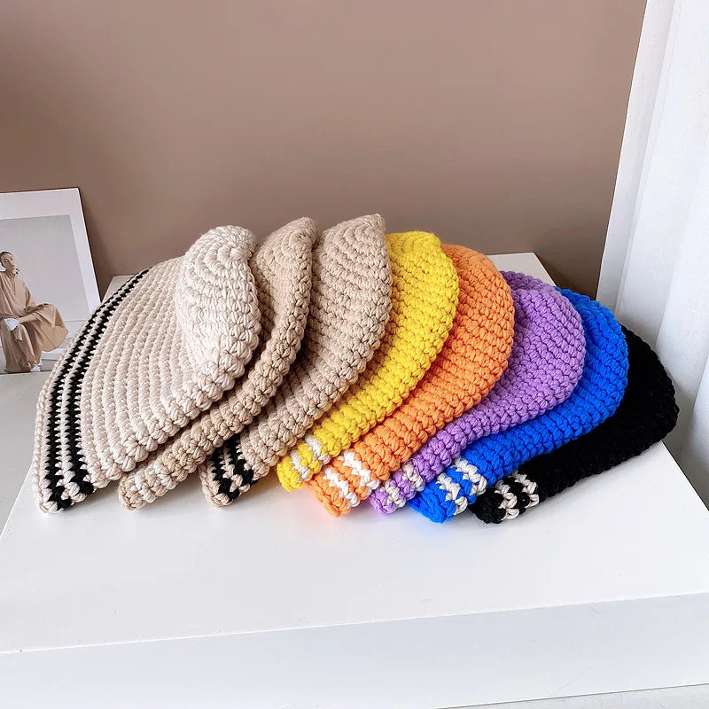 Wholesale Osoplay Handmade Knitting Hat Women's Stripy Crochet Furry Caps Unisex Bucket Hats for Fishing Casual Party Daily U