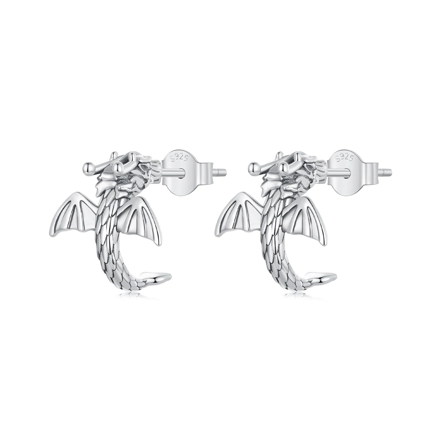 925 Sterling Silver Flying Dragon Stud Earrings Oxidized Vintage Ear Studs Fine Jewelry for Women Girls Party Gift SCE1734