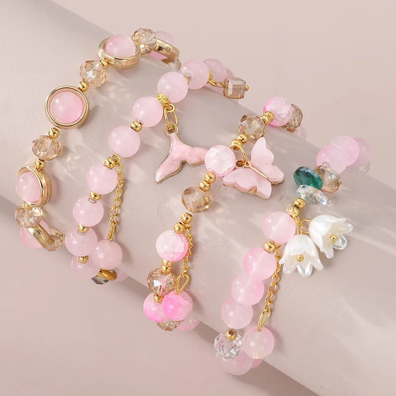 Summer Fashion Bohemian Beaded Bracelets Butterfly Orchid Flower Bracelet Set for Girls