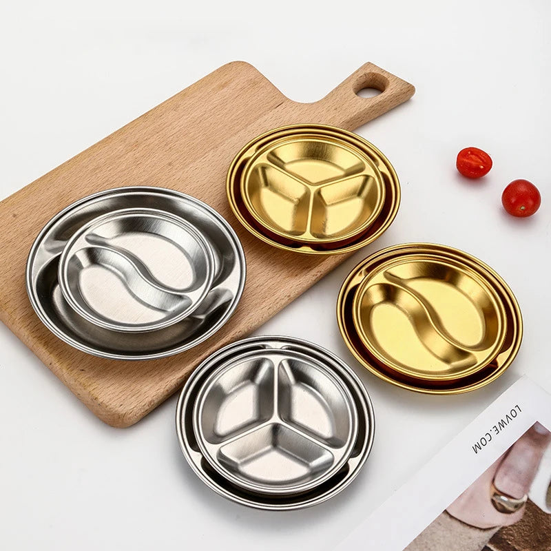 Creative Stainless Steel Circular Partition Plate Thickened Golden Sauce Plate Snack Plate Flavor Plate  Divided Dishes Plate