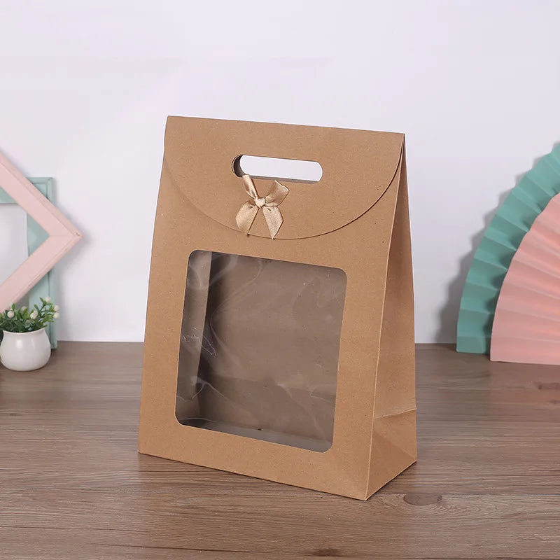 Recycled Brown Kraft Paper Bags With Window Custom Kraft Paper Shopping Bag With Ribbon Bow