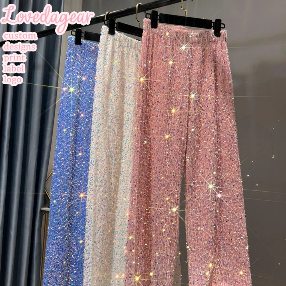 Loveda Custom Logo Women Loose Elastic Straight Pants Wide Leg Pink Sequin High Waist Lounge Pants