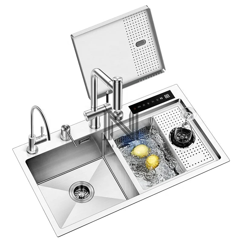 NILLOS N8246X8 Smart Kitchen Sink Double Bowl Four Hole 304 Stainless Steel Handmade Square Modern Brushed/Black Nano Coated