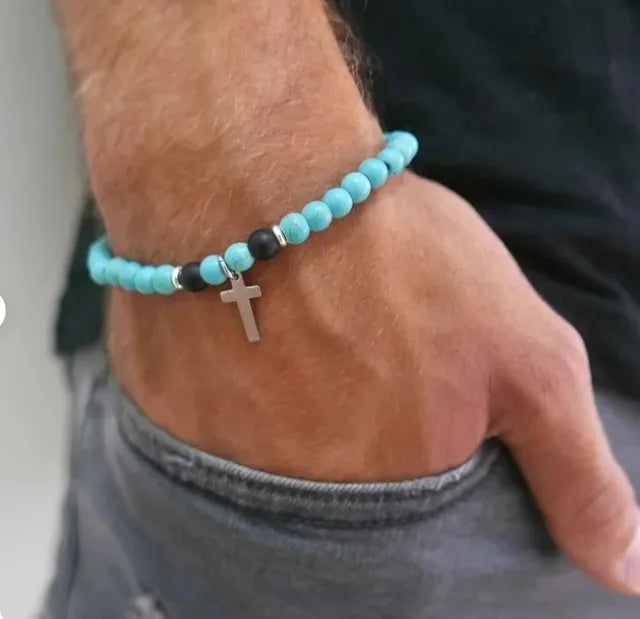 Bohemian Turquoise Beaded Bracelet Ethnic Style Cross Pendant Bracelet Natural Stone Bracelet for Men