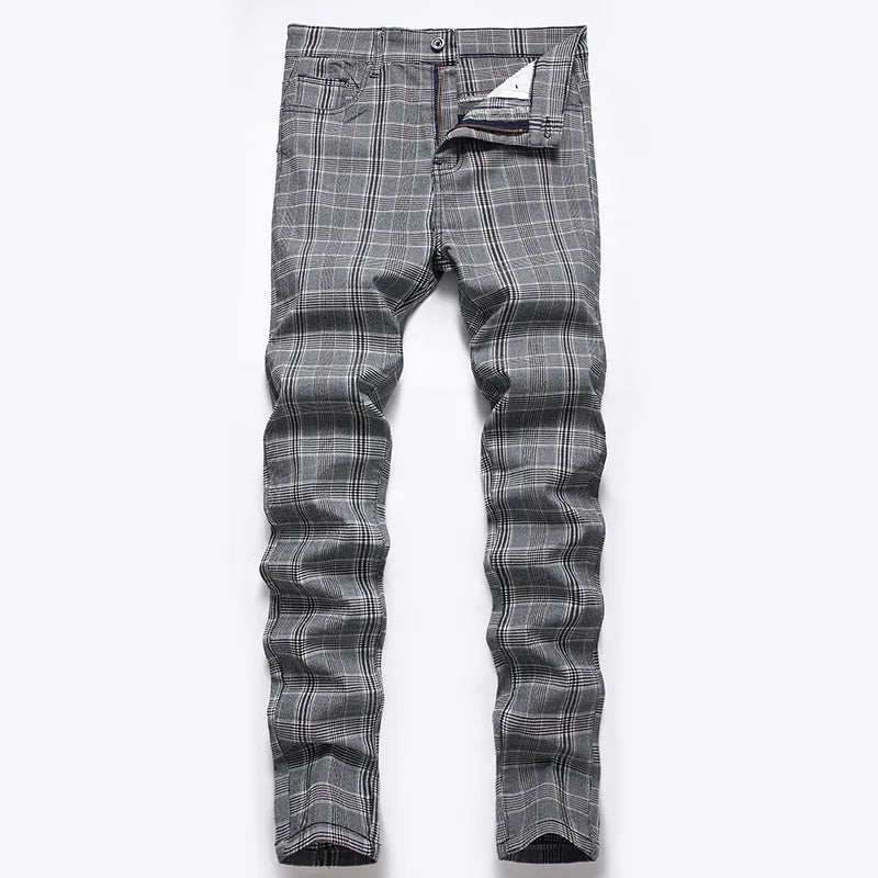 Dropshipping Lightweight Male Leisure Plaid Trousers Business Casual Slim Fit Pencil Check Pants Mid Stretchy Mens Chino Pant