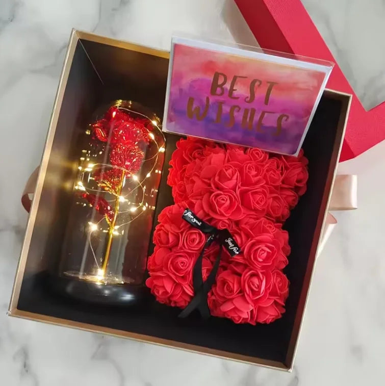 AYOYO Popular 2025 Valentines Day Mothers Day Gift Glass Flower and Rose Bear Gift Set With Greeting Card
