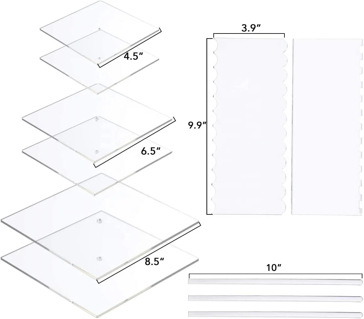 Acrylic Square Cake Pan Set with round Base Center Hole 2 Comb Scrapers 3 Positioning Rods Made of Durable Plastic