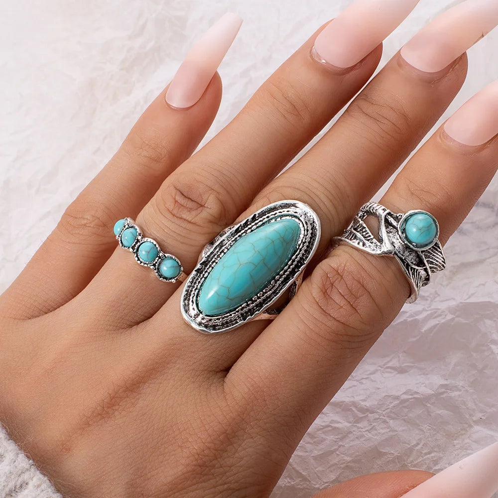 Wholesale Vintage Lady Stone Rings Jewelry Women Oval Round Geometric Silver Alloy Turquoise Ring 3Pcs Set