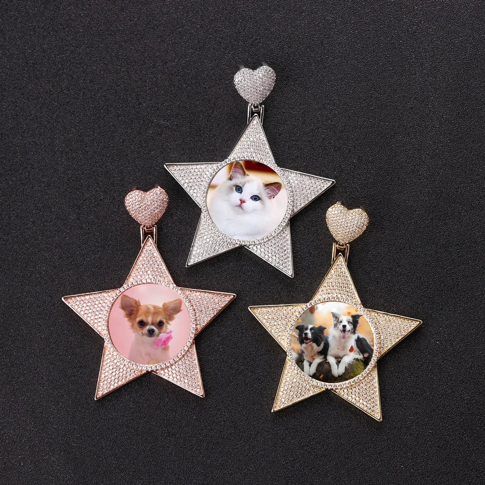 New Iced Out DIY Heart Hook Pentagram Photo Custom Private Custom Hip Hop Sublimation Picture Necklace Memory Medallions Pend