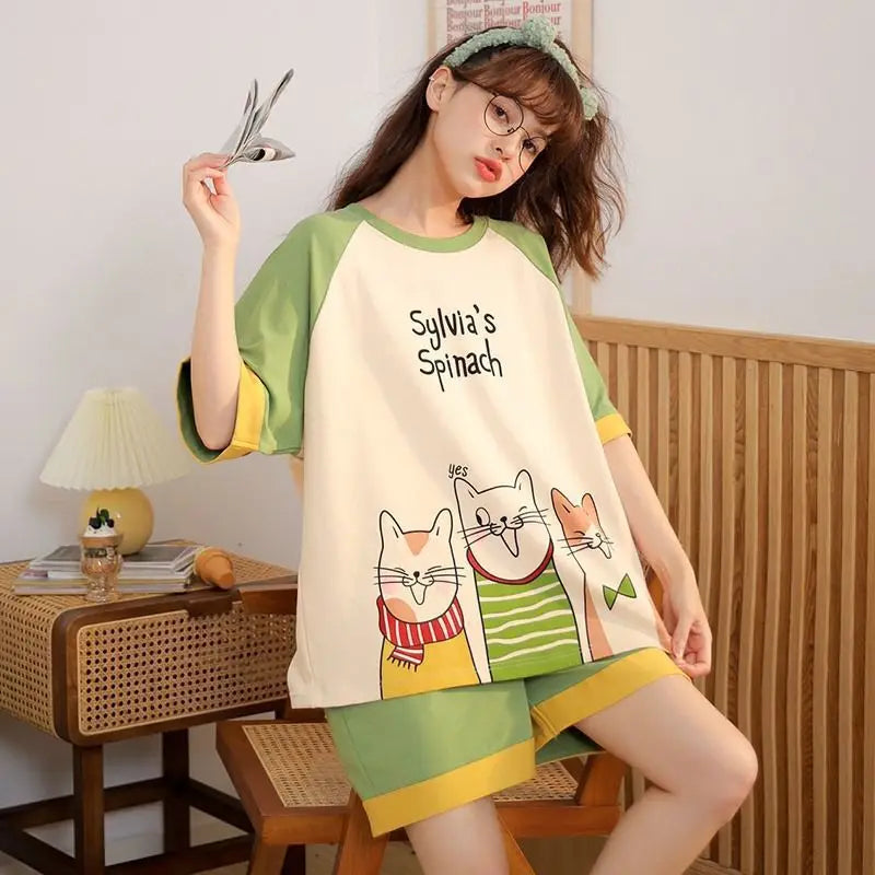 Pajama Women's Summer Cartoon Cute Short Sleeved Set Pajama Women's Casual and Simple Version Home Wear Clothes Set