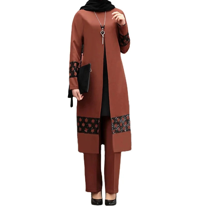 Ready Shipping Burgundy Caramel Color Muslim  Traditional Clothing Front Slit Printing Flower Pattern Women Muslim Suits Set