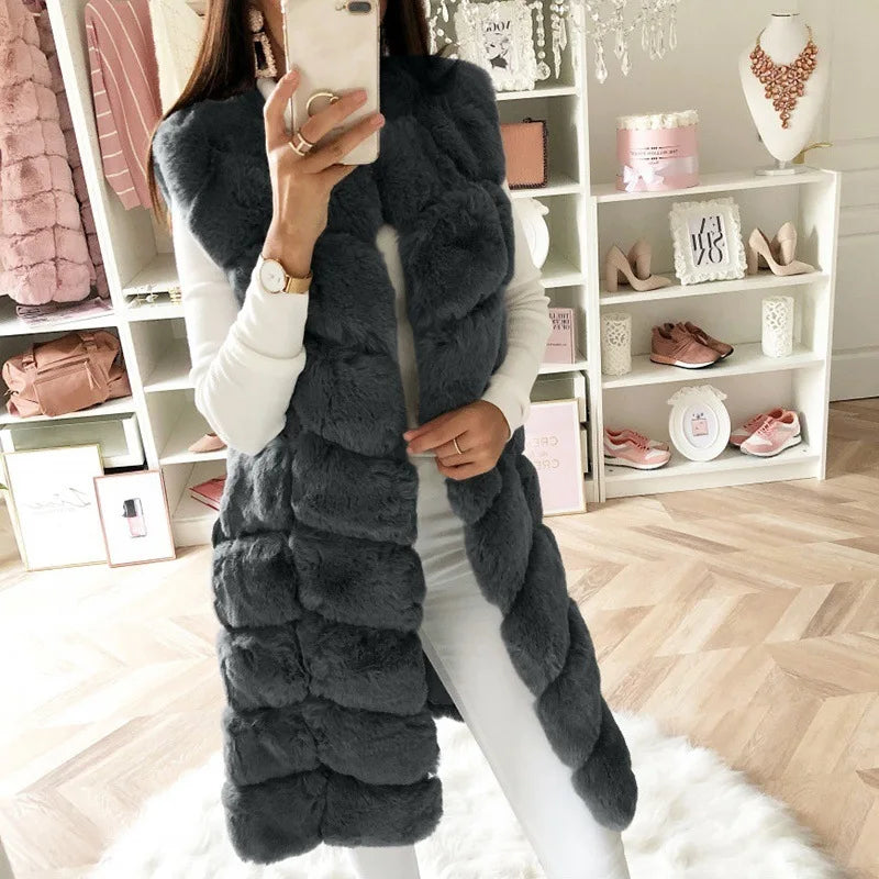 S-4XL Autumn Winter Artificial Wool Vest Cotton Padded Coat Thickened Plush Vest Winter Long Faux Fur Coats Outdoor Jacket Wo
