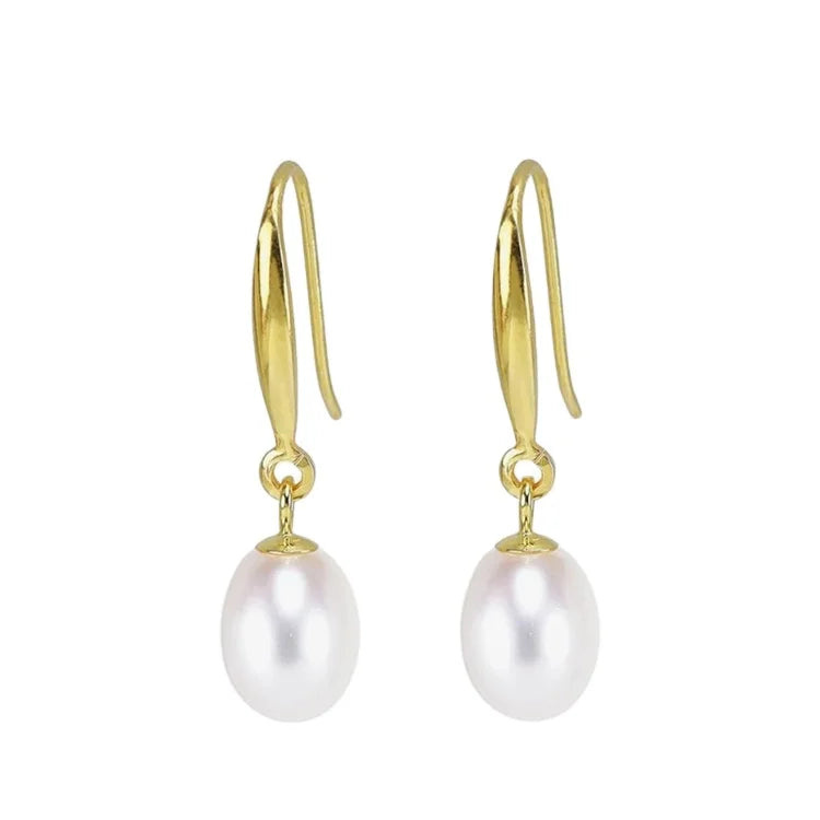 Fashion Jewelry 18K Gold Plating 925 Silver Freshwater Cultured Rice Pearl Drop Earrings