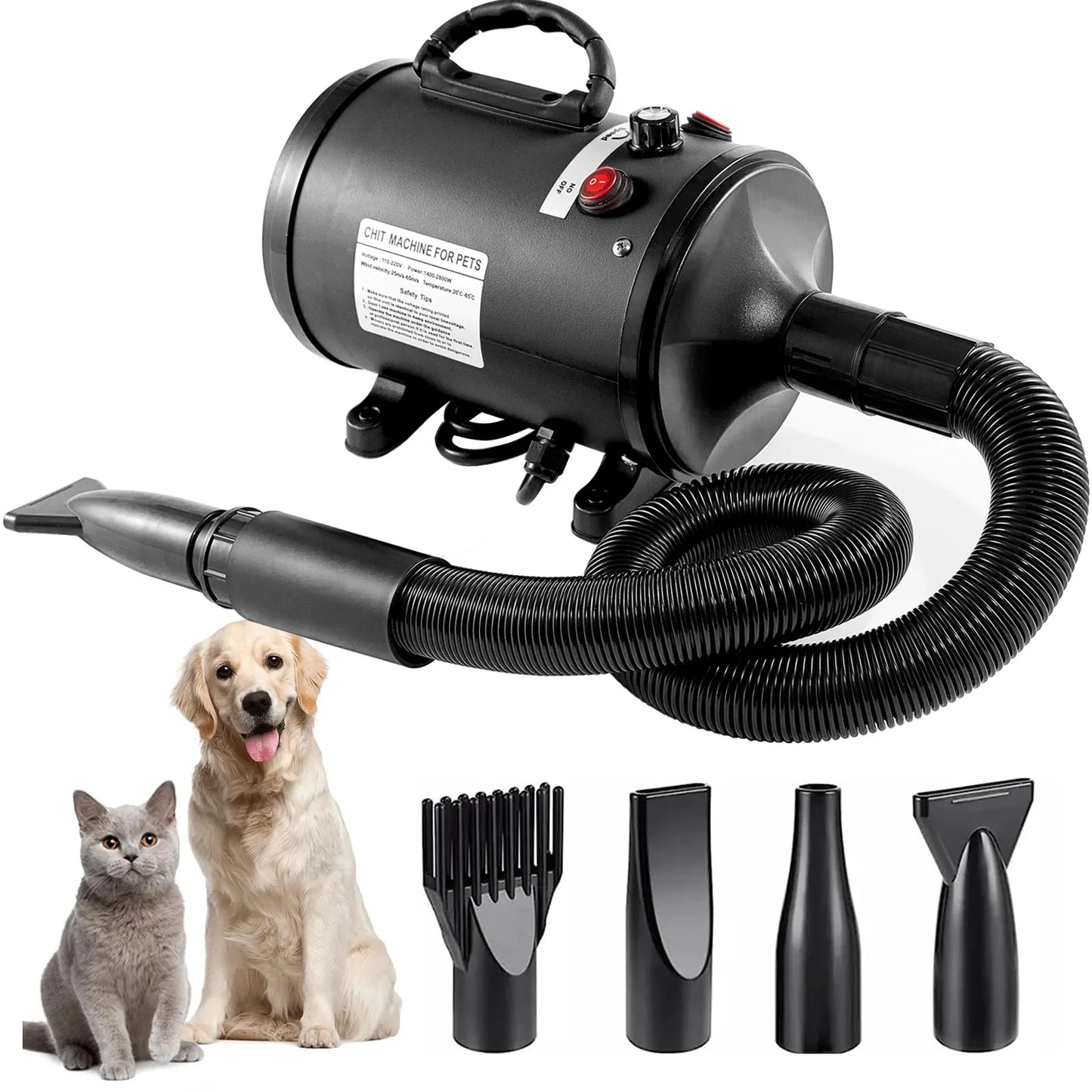 Pet Dryer 2200W Pet Grooming Dryer with Adjustable Speed and Temperature Control Cat Dog Hair Dryer with 4 Nozzle