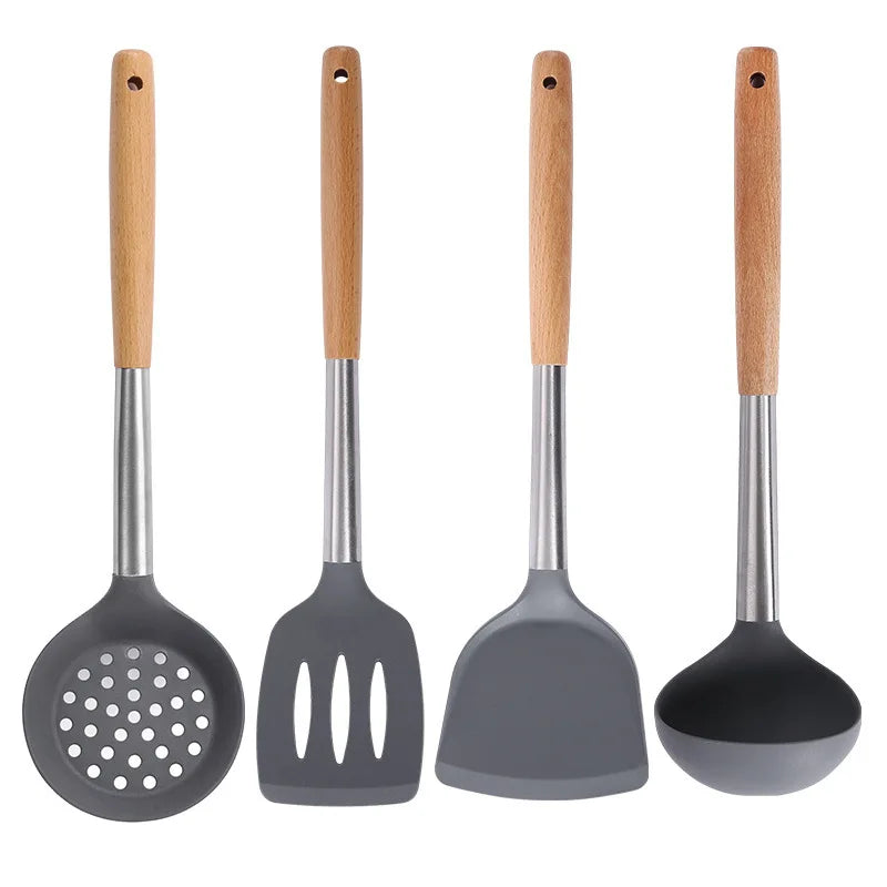 Four-Piece Kitchenware Set Stainless Steel Beech Silicone Spatula and Soup Spoon Heat-Resistant Non-Stick Pan Utensils Set