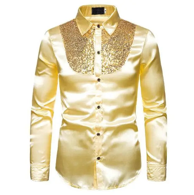 Sequin Glitter Performance Nightclub Costume Shirt Lapel Collar Long Sleeved Shirt Shiny Disco Party Wear