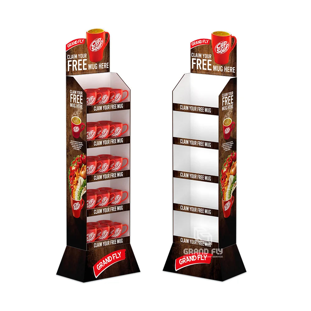 Custom Corrugated Cardboard Promotion Floor Display Stand for Coffee Mugs and Bottles Recyclable