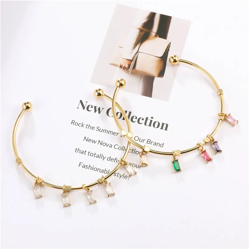 Valentine Gift Gemstone Bracelet Tarnish Free 18K Gold PVD Stainless Steel Pendant Bangle Colorful Oblong Ziron Charm Bracele