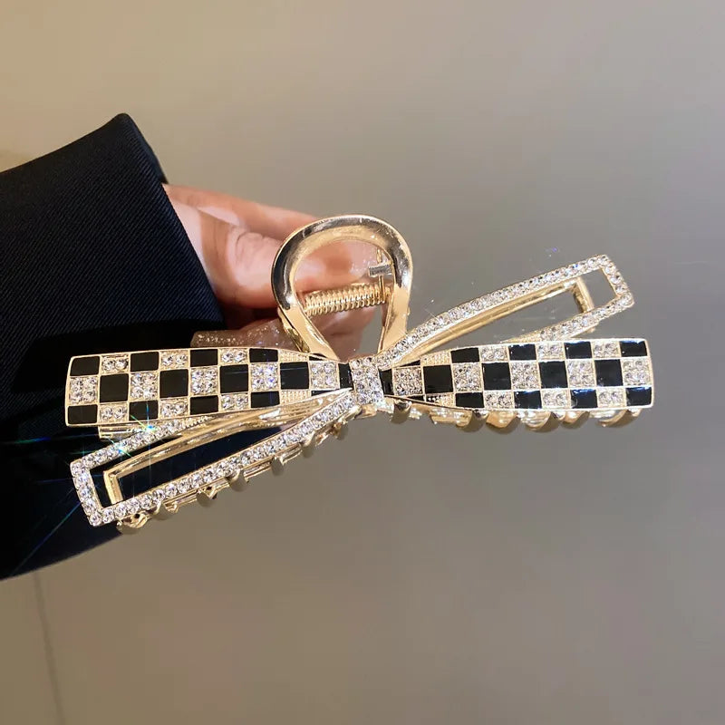 Bow Tie Wave Design Rhinestone Checkerboard Grip Shark Clip for Women Full Diamond Crystal Pearl Rhinestone Metal Hair Claw G