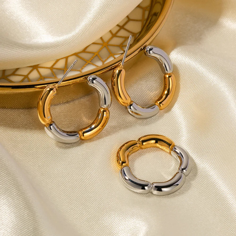 Hypoallergenic Mixed Color Flower Stud Hoop Earrings Ring Set Minimalist Stainless Steel Gold Plated Waterproof Jewelry Set