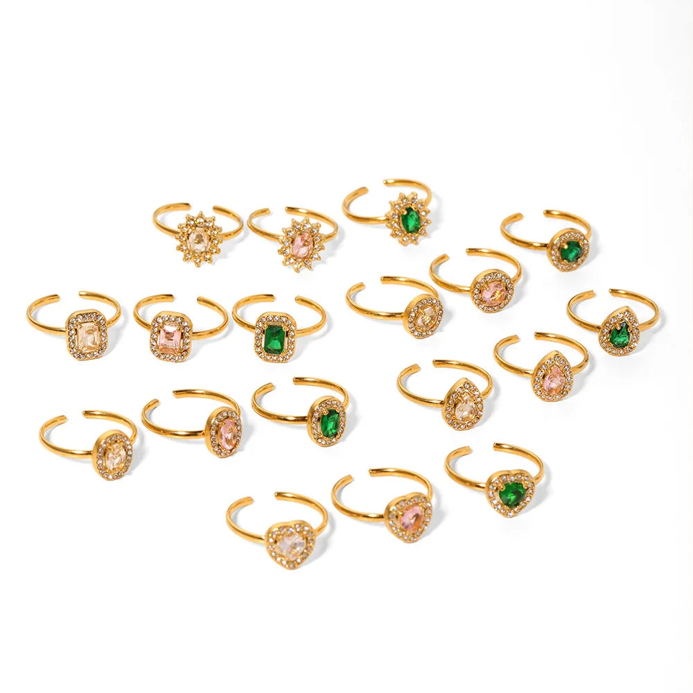 Wholesale Retro Gold Plated Stainless Steel Rings Cubic Zirconia Waterdrop Sunflower Heart Diamond Shape Rings Geometry Fashi