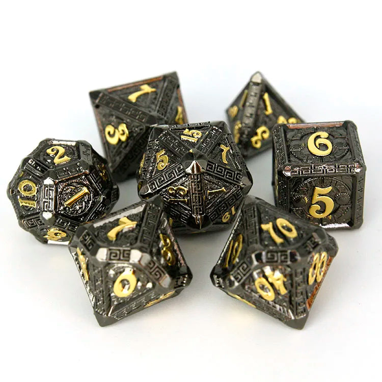 Wholesale 7-Piece Zinc Alloy Polyhedral Dice Set for RPG & Board Games Customizable Logo & Color Metal Tin Box Packaging