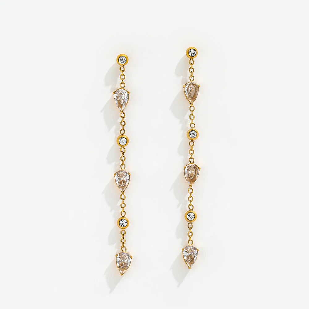 Fenny 18K Gold-plated Wholesale Jewelry Fashion Long Tassel Chain Teardrop Zirconia Hoop Stainless Steel Earring for Women