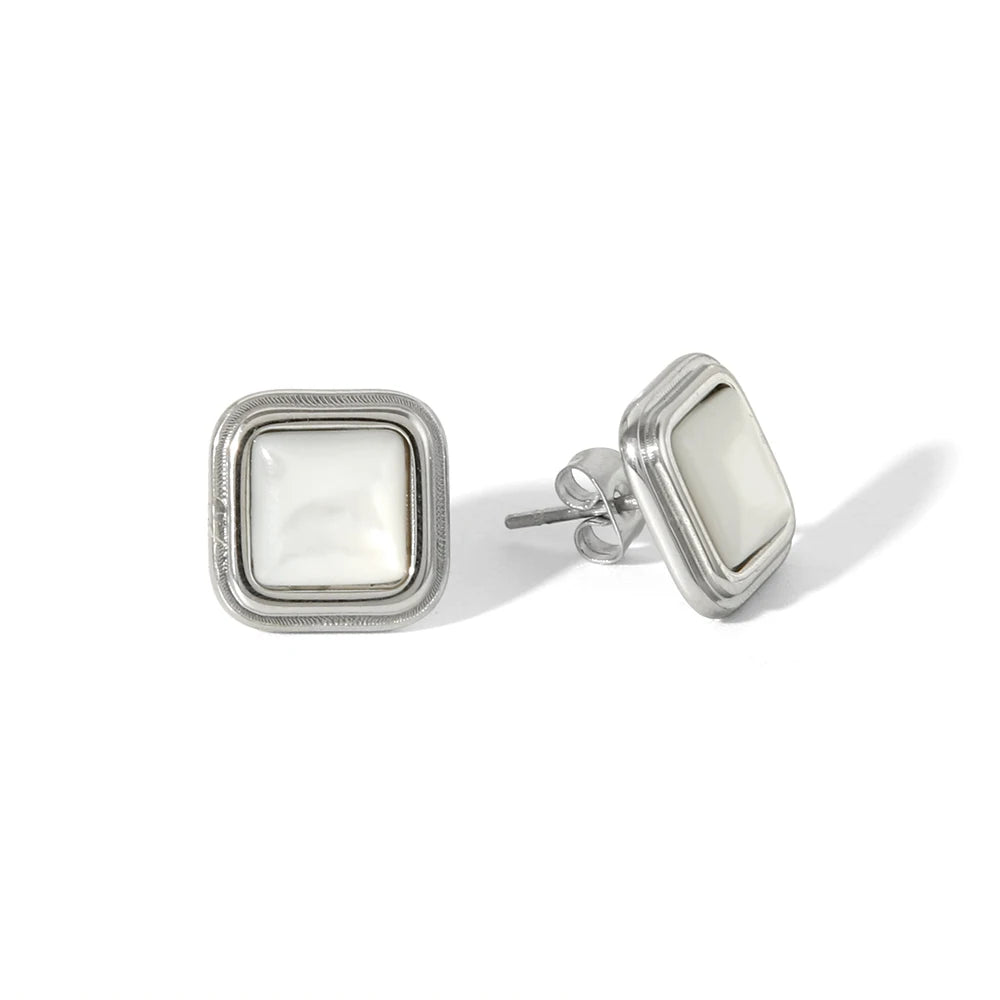 Exquisite Hypoallergenic Jewelry Stainless Steel Geometric Square Natural White Shell Cute Stud Earrings for Girls