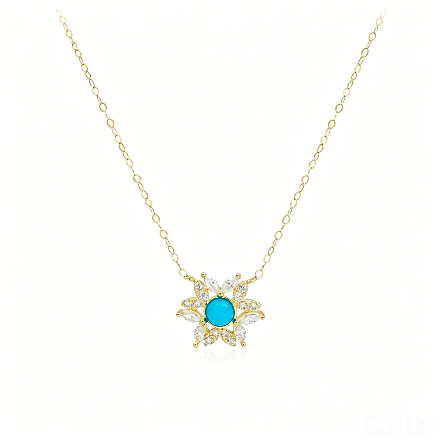 Customize Luxury 18K Solid Gold Turquoise Pendant Necklace Lucky Blue Stone Necklace for Women Flower Zircon Charm Fine Jewel