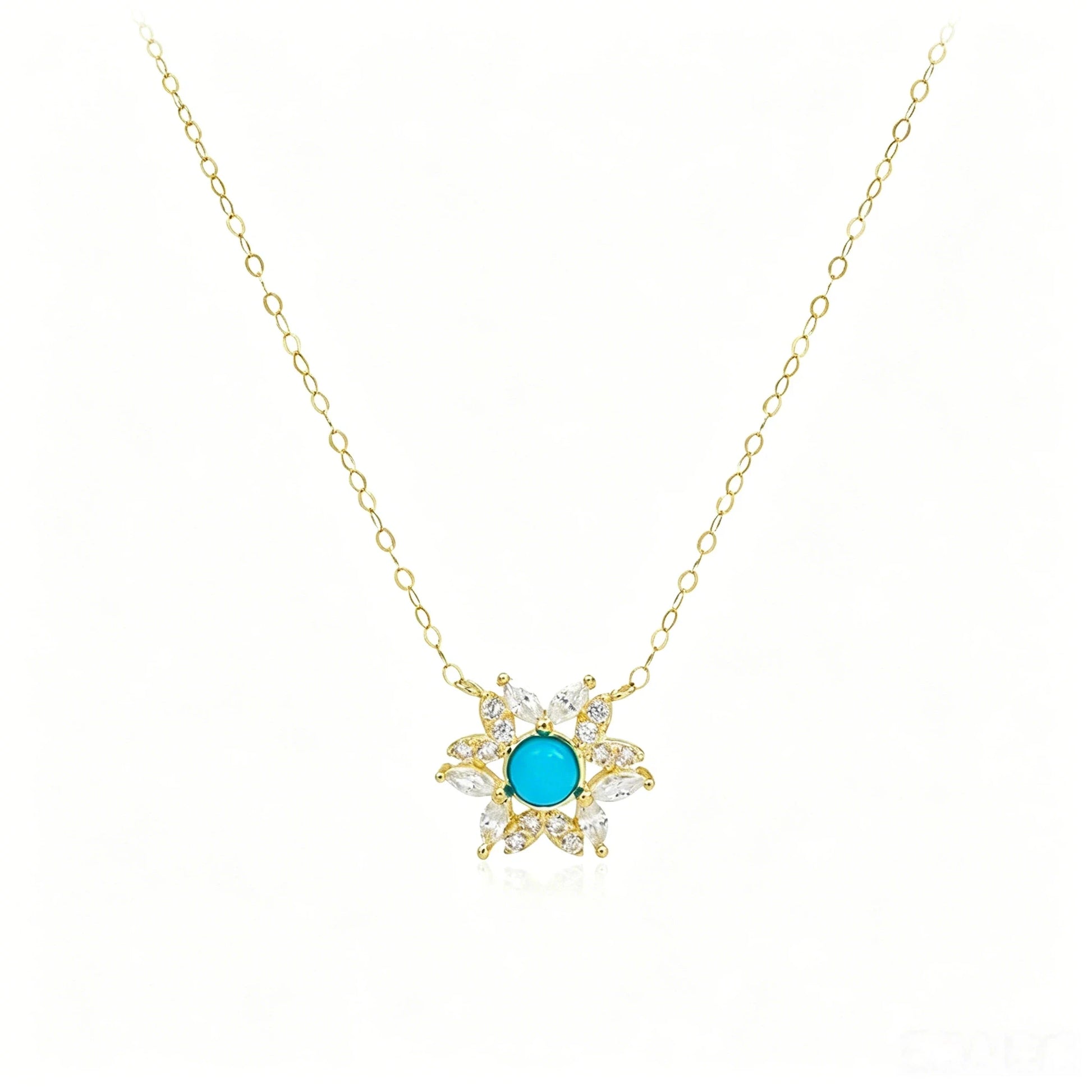 Customize Luxury 18K Solid Gold Turquoise Pendant Necklace Lucky Blue Stone Necklace for Women Flower Zircon Charm Fine Jewel