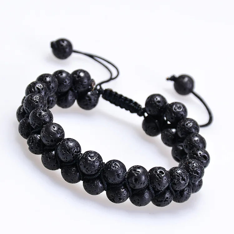 Double Row Black Volcanic Lava Stone Bracelet Natural Woven Adjustable Design for Men Women Fashion Jewelry Bracelets Bangles