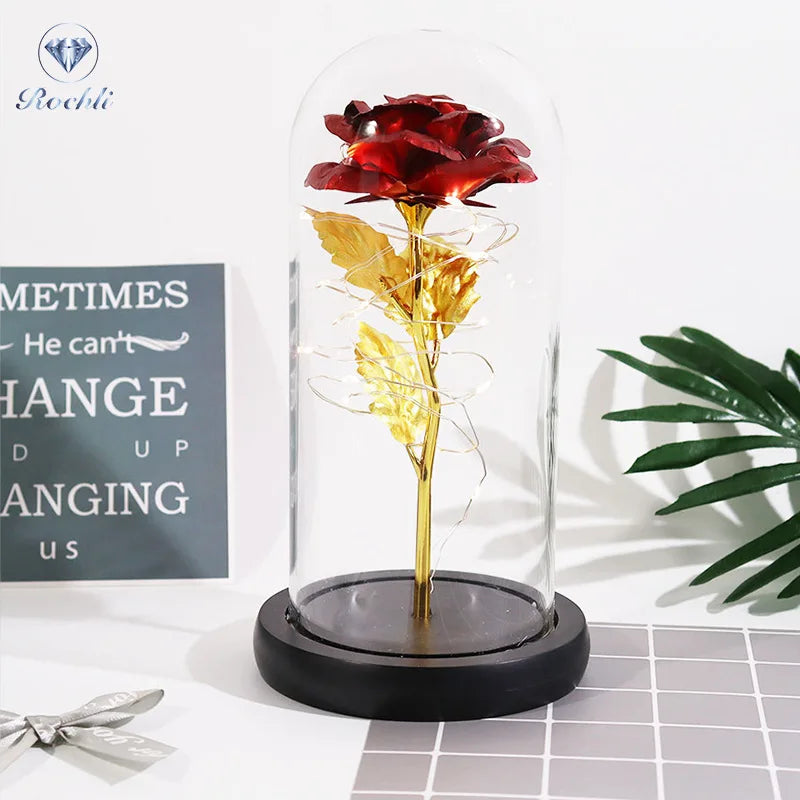 Wholesale Valentine's Mother's Day Gift Artificial Decorative Flower Led Light 24K Golden Foil Rose in Acrylic Dome
