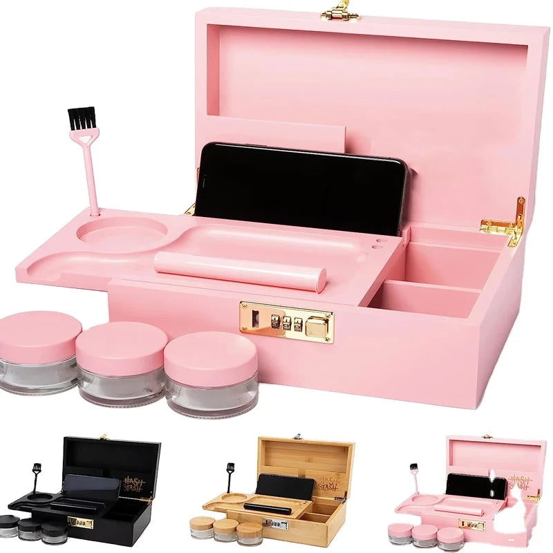 Locking Stash Box Gift Set Built-In Combo Lock with Rolling Tray Tube & Brush
