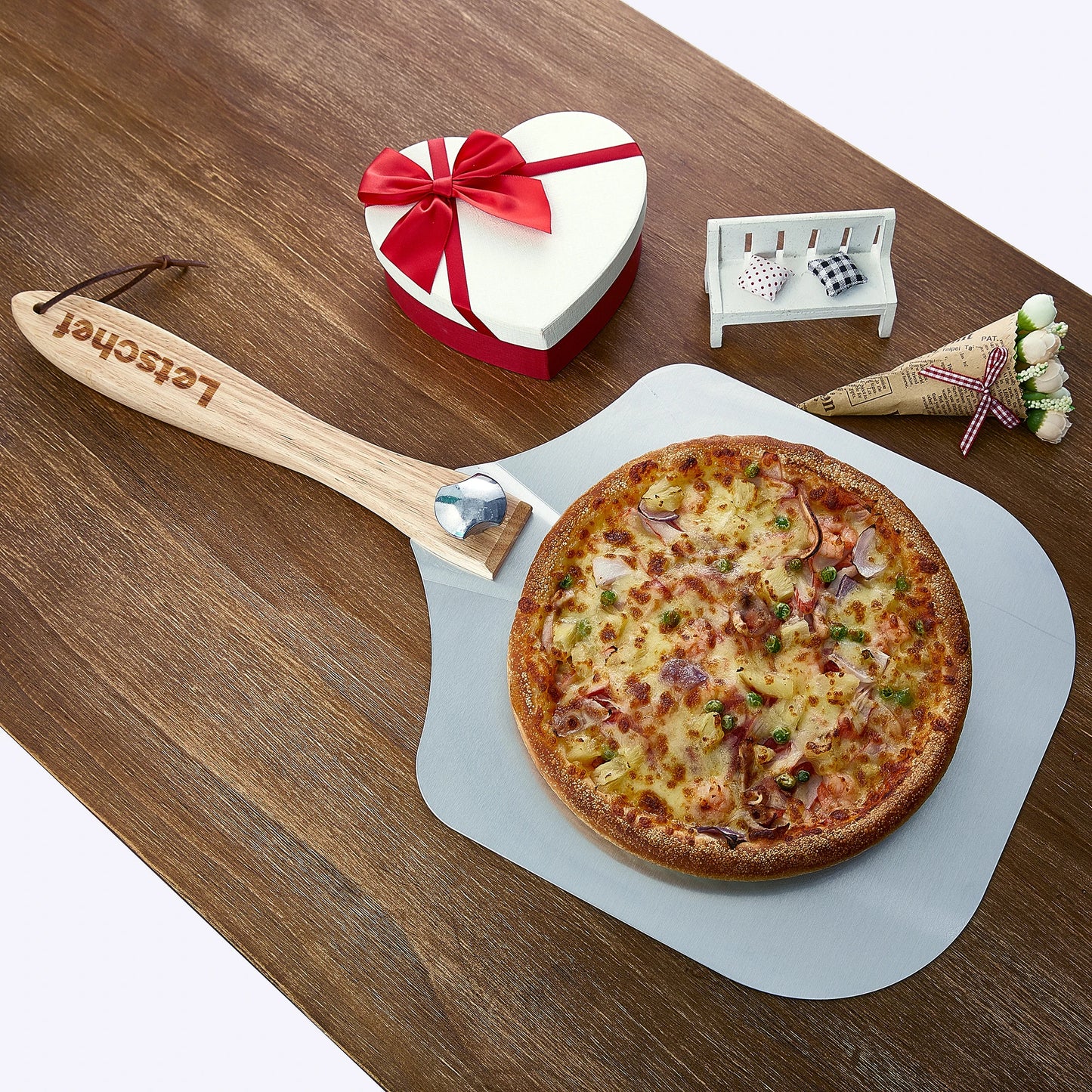 New Product Pizza Tools Set Pizza Shovel and Pizza Cutter With Wooden Handle