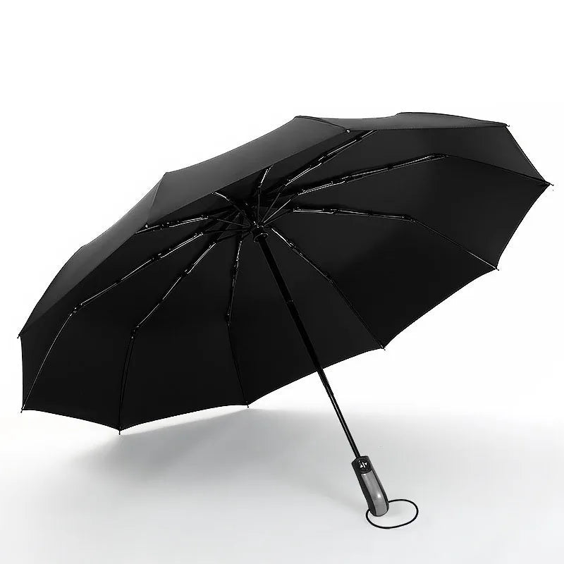 Automatic Modern Three-Fold Large Size Umbrella with Black Coating Custom Logo 10-Rib Iron Shaft Promotional
