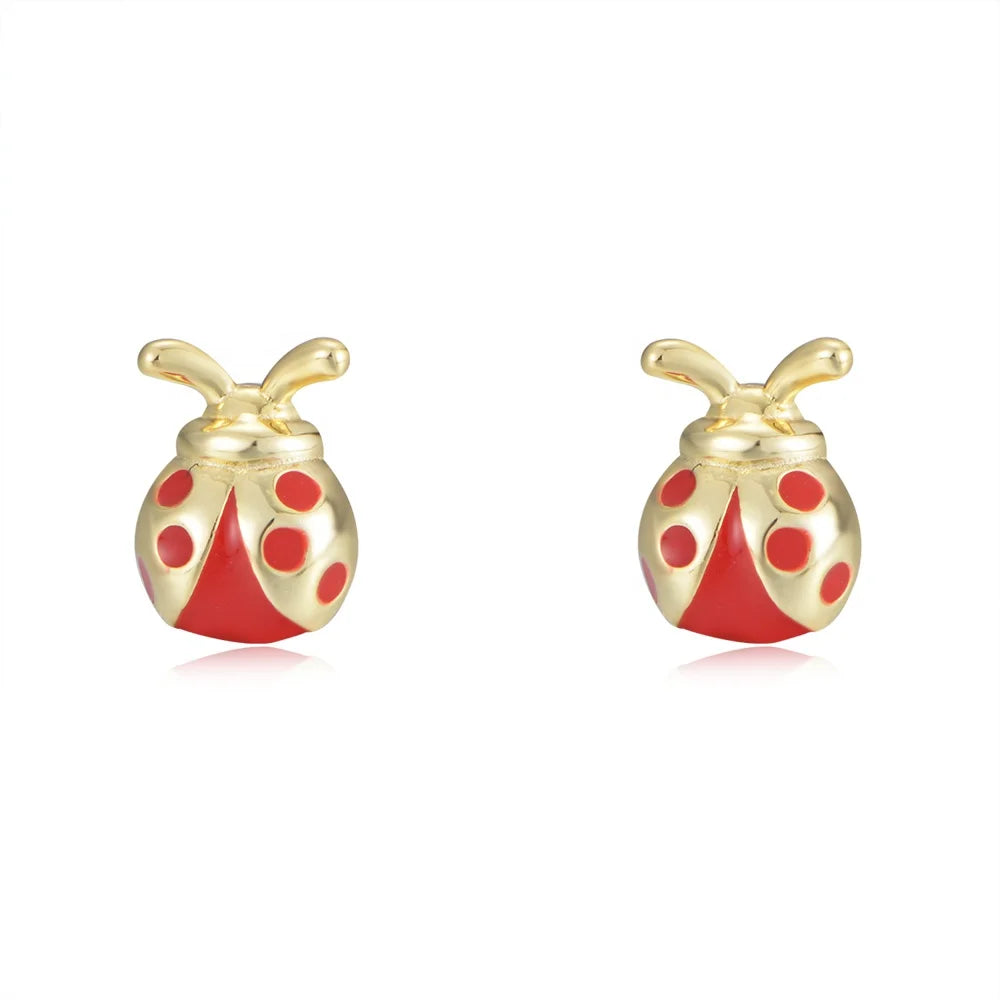 Cute Letter Ladybug Insects Kids Jewelry Discoloration Psj S925 Sterling Silver 14k Gold Plated Enamel Stud Earrings for Girl