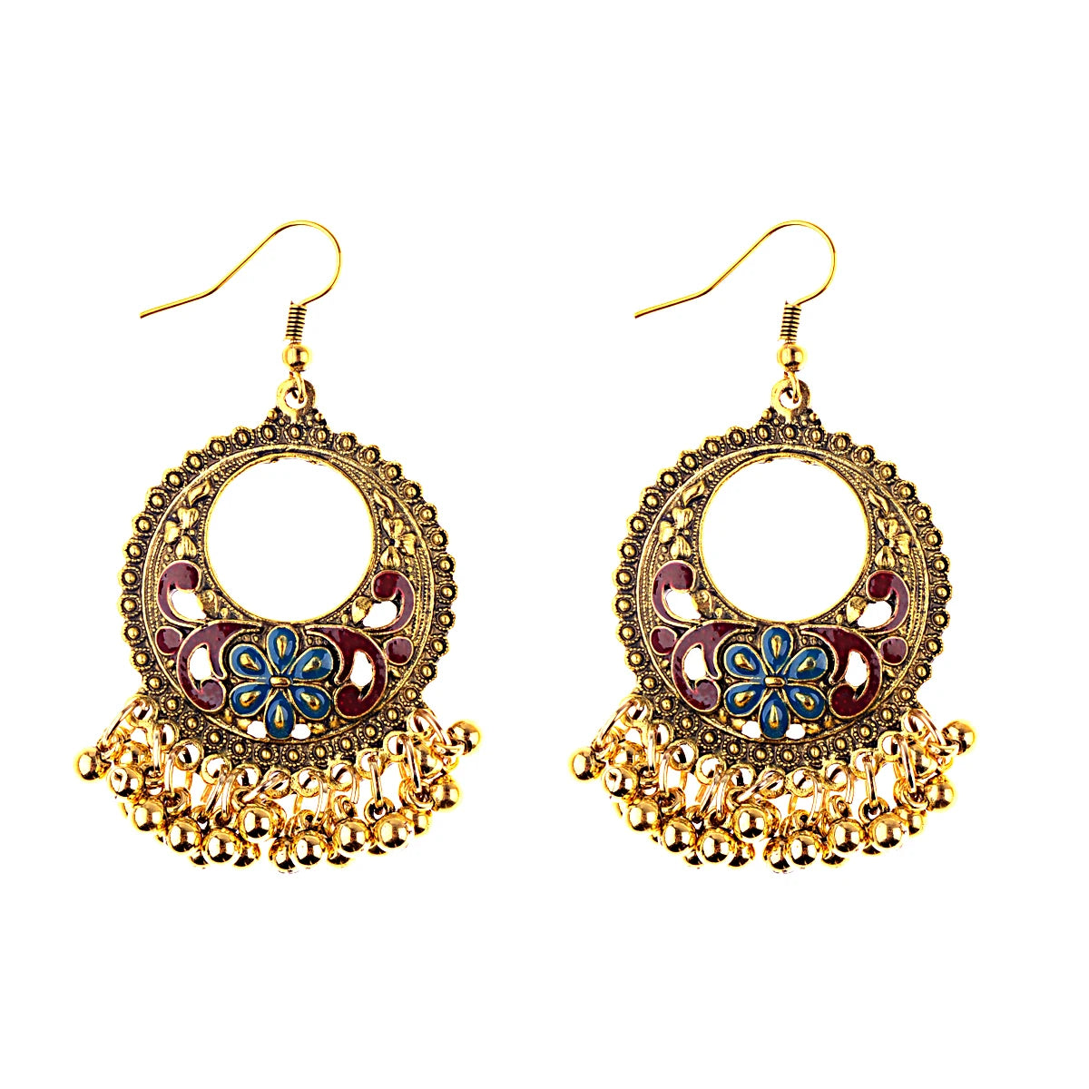 Vintage Gold Handmade Colorful Tassel Earrings Flower Shaped Ethnic Charms Earrings for Women