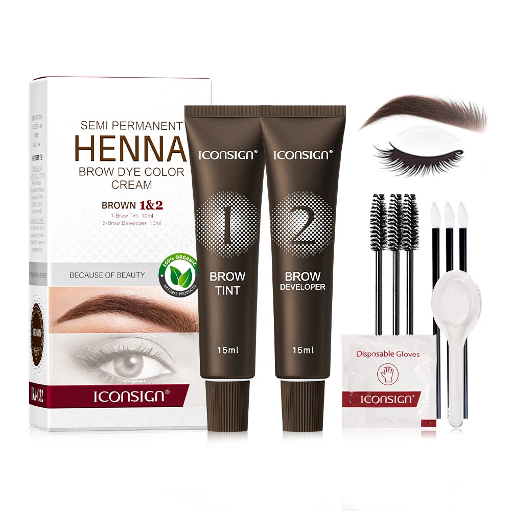 ICONSIGN Semi Permanent 15ml*2  Henna Eyebrow Tint Kit Black Brown Eyelash Brow Dye Tint Henna Eyebrow Dye Kit