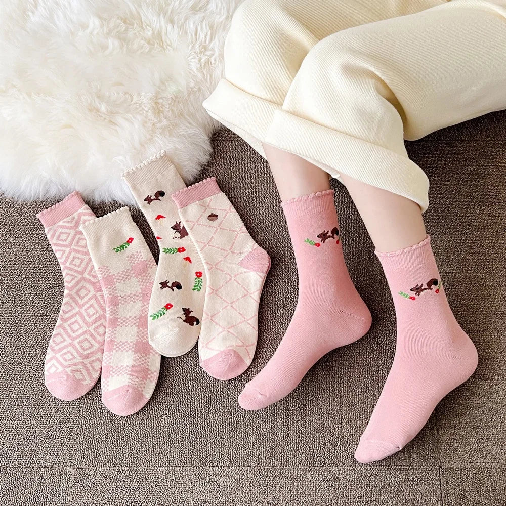 Wholesale Korean Cute Pink Socks Cotton Women Winter Thick Terry Crew Socks Set for Girls